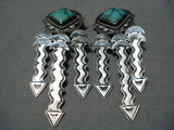 One Of The Most Detailed Vintage Native American Navajo Green Turquoise Sterling Silver Earrings-Nativo Arts