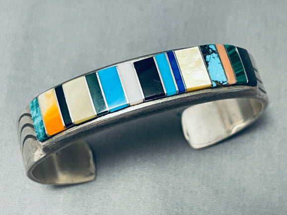 Thicker Vintage Navajo Inlay Sterling Silver Turquoise Bracelet-Nativo Arts