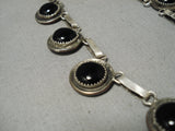 Heavy Vintage Native American Navajo Jet Stone Dime Sterling Silver Link Necklace Old-Nativo Arts
