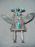 Signed Native American Navajo Old Kingman Turquoise Sterling Silver Kachina Pin-Nativo Arts