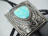 Impressive Vintage Native American Navajo Pilot Mountain Turquoise Sterling Silver Bolo Tie Old-Nativo Arts