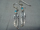 Pretty Vintage Native American Navajo Turquoise Sterling Silver Feather Earrings Old-Nativo Arts