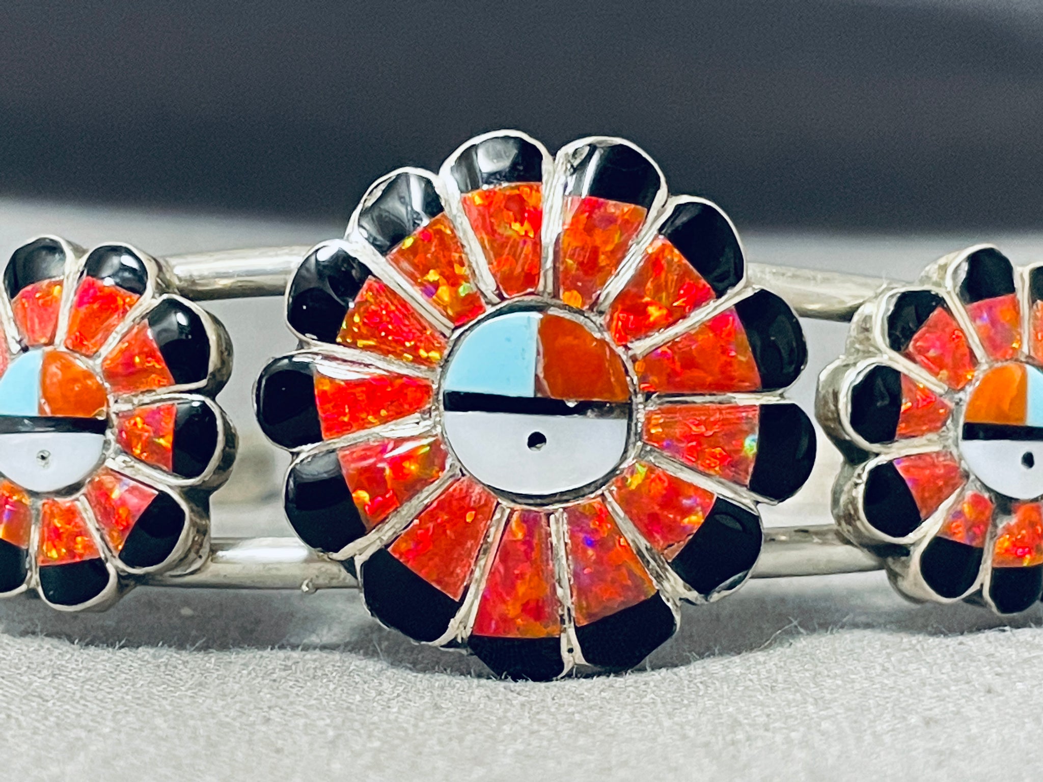 Hypnotic Native American Zuni Inlay Fire Opal Turquoise Triple
