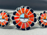 Hypnotic Native American Zuni Inlay Fire Opal Turquoise Triple Sunface Sterling Silver Bracelet-Nativo Arts