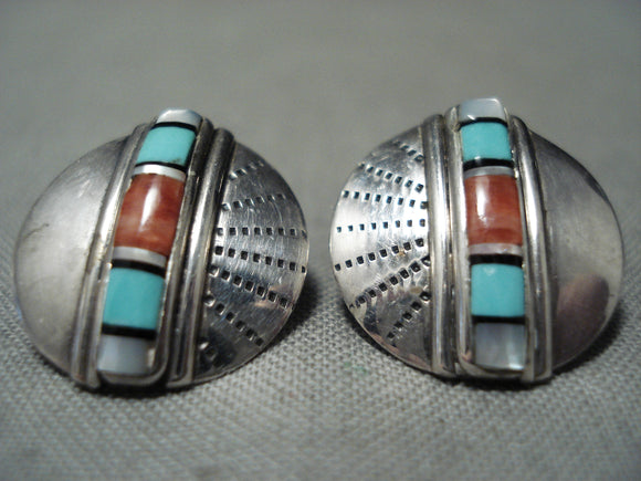 Amazing Vintage Native American Zuni Turquoise Inlay Sterling Silver Earrings-Nativo Arts
