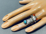 Rare Older Vintage Native American Navajo Domed Turquoise Coral Sterling Silver Ring Old-Nativo Arts