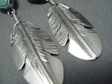 Remarkable Native American Navajo Royston Turquoise Sterling Silver Feather Earrings-Nativo Arts