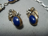 Signed Vintage Native American Navajo Lapis Sterling Silver Leaf Bracelet Earrings Set-Nativo Arts