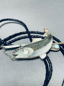 One Of A Kind Bass Fishing Vintage Native American Zuni Sterling Silver Shell Bolo Tie-Nativo Arts