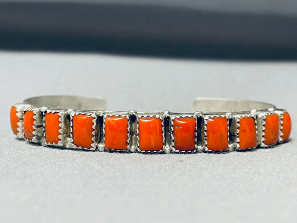 Very Rare Squared Coral Native American Navajo Sterling Silver Bracelet Cuff-Nativo Arts