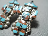 Exceptional Native American Zuni Turquoise Coral Inlay Sterling Silver Kachina Earrings-Nativo Arts