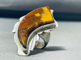 Unique Native American Navajo Signed Agate Cla Sterling Silver Large Ring-Nativo Arts