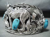 Detailed Howling Wolf Native American Navajo Turquoise Sterling Silver Bracelet-Nativo Arts