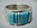 Distinctive Navajo Native American Old Kingman Turquoise Sterling Silver Ring-Nativo Arts