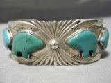 Intricate!! Vintage Native American Navajo Green Turquoise Bear Sterling Silver Bracelet-Nativo Arts