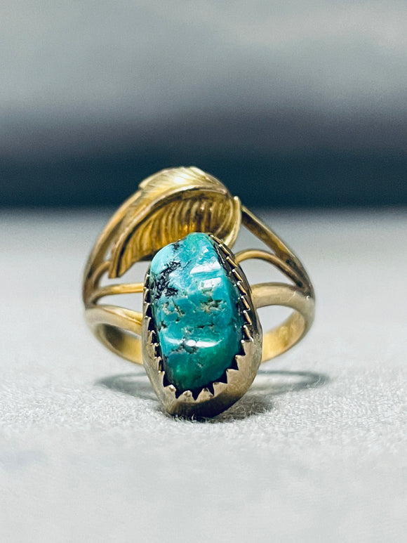 Unique Vintage Native American Navajo Kingman Turquoise Goldfill Ring-Nativo Arts