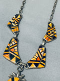 One Of Most Intricate Ever Vintage Native American Navajo Shell Inlay Sterling Silver Necklace-Nativo Arts