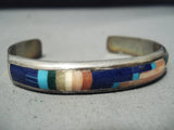 Native American Detailed Vintage Navajo Turquoise Lapis Sterling Silver Inlay Bracelet-Nativo Arts
