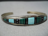 Superior Vintage Native American Navajo Graduating Turquoise Inlay Sterling Silver Bracelet-Nativo Arts