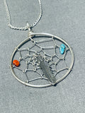 Dazzling Native American Navajo Turquoise Coral Sterling Silver Dreamcatcher Necklace-Nativo Arts