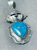 Baby Kachina Native American Navajo Kingman Turquoise Sterling Silver Pin/ Pendant Signed-Nativo Arts