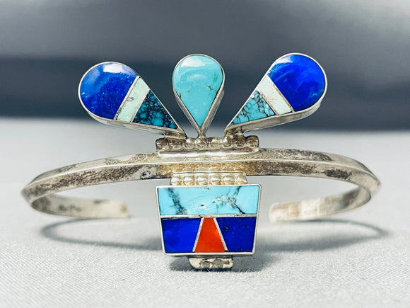 One Of The Most Artistic Vintage Native American Navajo Turquoise Inlay Sterling Silver Bracelet-Nativo Arts