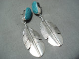 Feather Master Native American Navajo Old Kingman Turquoise Sterling Silver Feather Earrings-Nativo Arts