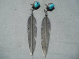 Custom Vintage Native American Navajo Sleeping Beauty Turquoise Sterling Silver Feather Earrings-Nativo Arts