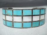 Native American Heavier Vintage Zuni Turquoise Pearl Sterling Silver Inlay Bracelet-Nativo Arts