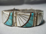 So Detailed!! Vintage Native American Navajo Sterling Silver Turquoise Link Bracelet Old-Nativo Arts