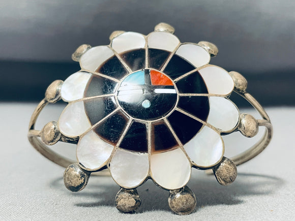 Glrious Vintage Native American Zuni Inlay Turquoise Jet Coral Sunface Sterling Silver Bracelet-Nativo Arts