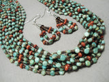 Native American Important Jose Coriz Santo Domingo Green Turquoise Coral Sterling Necklace-Nativo Arts