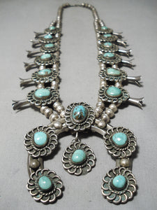 Heavy Quality Vintage Native American Navajo Turquoise Sterling Silver Squash Blossom Necklace-Nativo Arts