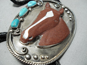 Important Jim Yazzie Vintage Native American Navajo Horse Turquoise Sterling Silver Bolo Tie-Nativo Arts
