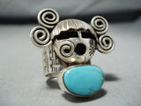 Unique Native American Navajo Old Kingman Turquoise Sterling Silver Kachina Ring-Nativo Arts