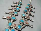 353 Gram Vintage Native American Navajo Turquoise Coral Sterling Silver Squash Blossom Necklace-Nativo Arts