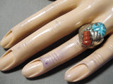 Tremendous Vintage Native American Zuni Turquoise & Coral Sterling Silver Ring Old-Nativo Arts