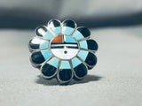 Very Detailed Authentic Vintage Native American Zuni Turquoise Sterling Silver Inlay Ring-Nativo Arts