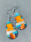 Native American Intricate Sanrto Domingo Turquoise Inlay Shell Sterling Silver Earrings-Nativo Arts