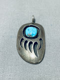 Amazing Vintage Native American Navajo Kingman Turquoise Sterling Silver Bear Print Pendant-Nativo Arts