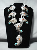 Authentc Native American Navajo Bear Turquoise Coral Sterling Silver Necklace-Nativo Arts