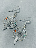 Traditional Native American Navajo Turquoise Coral Sterling Silver Dreamcatcher Earrings-Nativo Arts