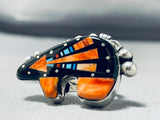 Signed Native American Navajo Turquoise Jet Sterling Silver Cosmic Black Bear Ring-Nativo Arts