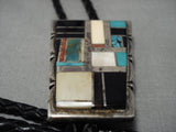 Exceptional Vintage Native American Navajo Turquoise Inlay Sterling Silver Bolo Tie Old-Nativo Arts