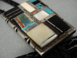 Exceptional Vintage Native American Navajo Turquoise Inlay Sterling Silver Bolo Tie Old-Nativo Arts