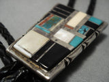 Exceptional Vintage Native American Navajo Turquoise Inlay Sterling Silver Bolo Tie Old-Nativo Arts