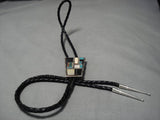 Exceptional Vintage Native American Navajo Turquoise Inlay Sterling Silver Bolo Tie Old-Nativo Arts