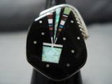 Exquisite Native American Jewelry Navajo Midnight Space Kachina Sterling Silver Turquoise Coral Ring-Nativo Arts