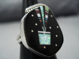 Exquisite Native American Jewelry Navajo Midnight Space Kachina Sterling Silver Turquoise Coral Ring-Nativo Arts
