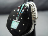 Exquisite Native American Jewelry Navajo Midnight Space Kachina Sterling Silver Turquoise Coral Ring-Nativo Arts